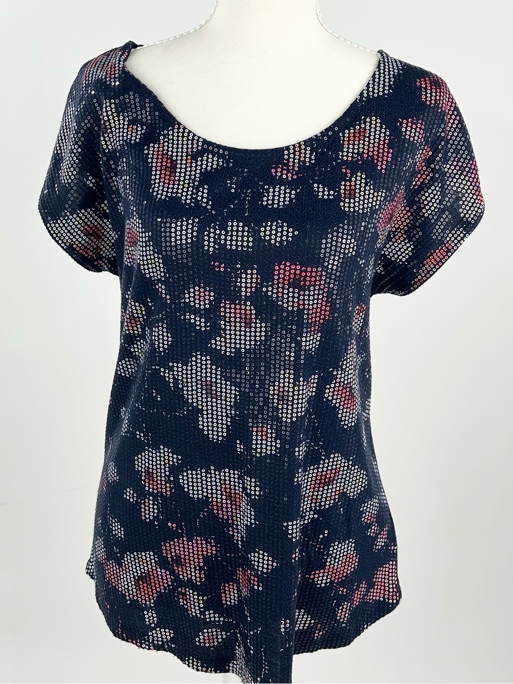 Crosby Navy Sequin Blouse Metallic Floral Scoop Neck Dolman Sleeve Relaxed Fit